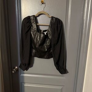 Bar III Black Faux Leather Blouse with Puff Sleeves